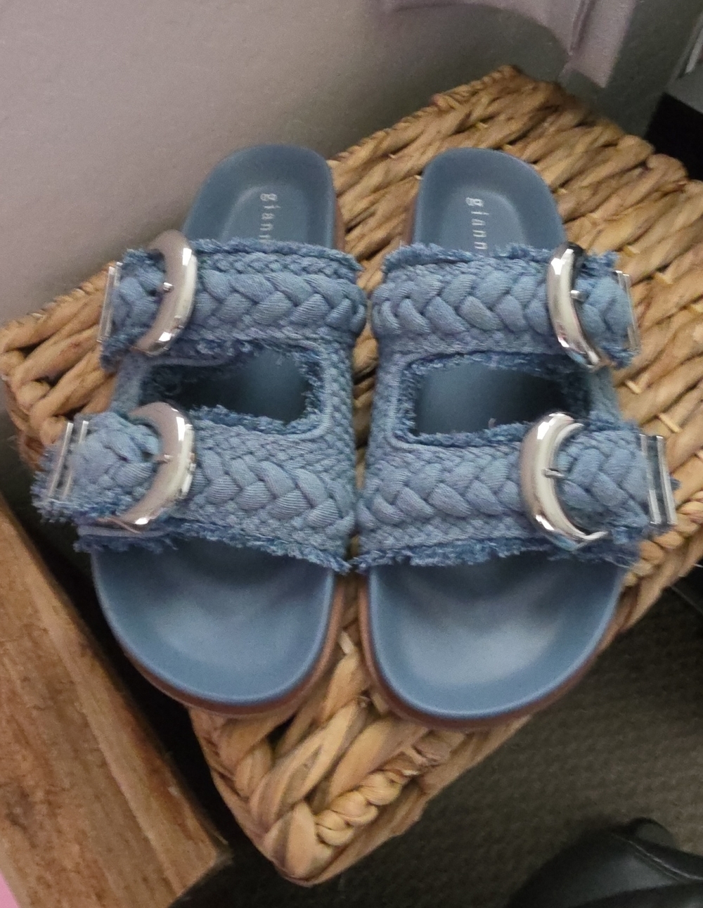 Gianni Bini Denim Blue Braided Double-Buckle Slide Sandals